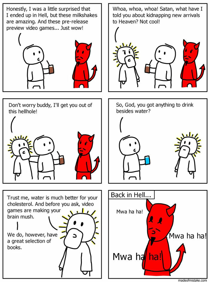 Minimalistic comic about everyday observations in Hell, featuring stick figure characters discussing drinks and video games.