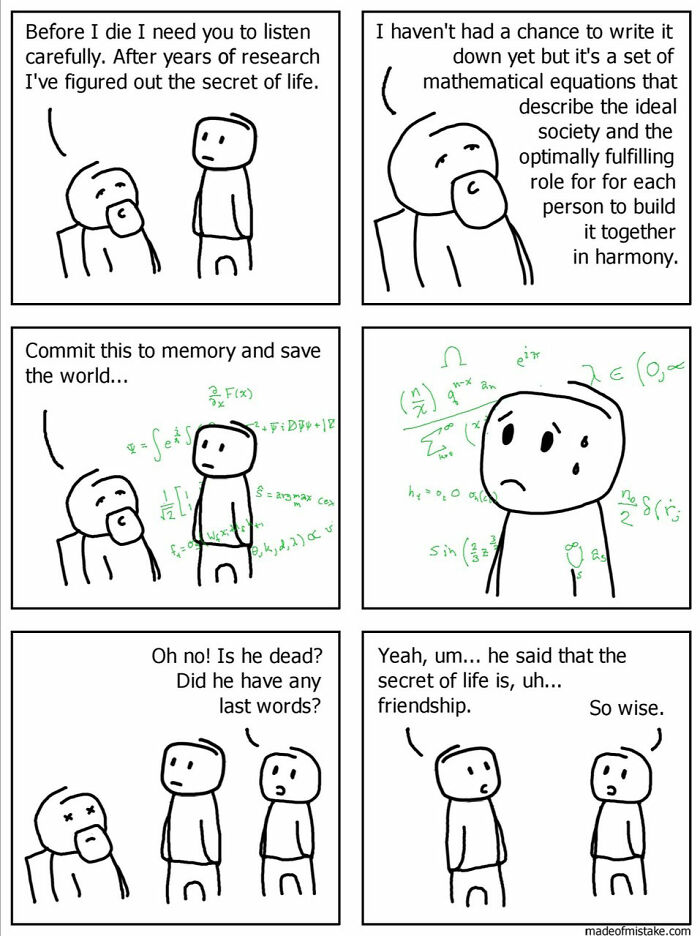 Minimalistic comic about secret of life, with characters discussing complex equations ending with "friendship" as the answer.