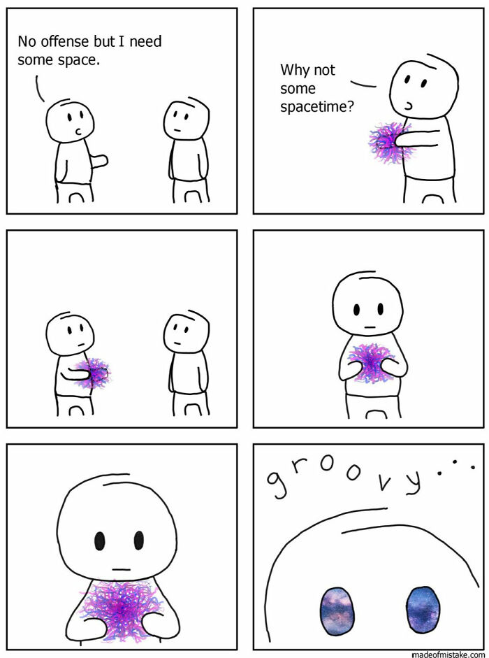 Minimalistic comic of two characters discussing space; one suggests "spacetime," leading to a cosmic, groovy conclusion.