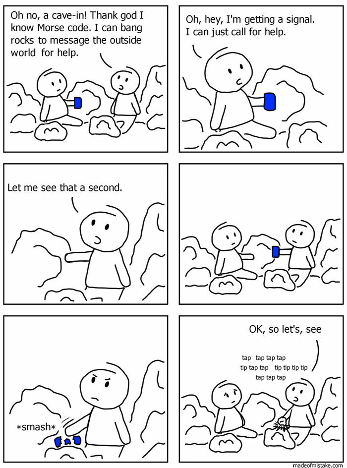 Minimalistic comic featuring characters using Morse code in a cave-in, humorously solving communication issues.