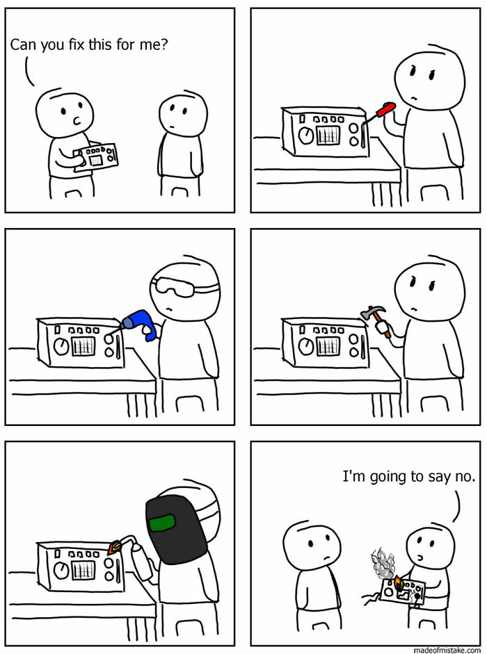 Minimalistic comic of a person attempting to fix a device with tools, resulting in smoke and failure.
