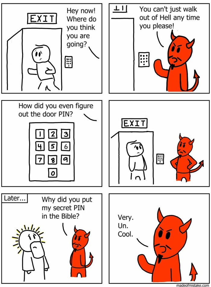 Minimalistic comic about Hell depicted with a stick figure, a devil, and a keypad, humorously discussing escaping via a PIN.