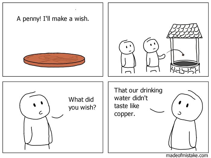 Minimalistic comic showing a character wishing their water didn't taste like copper at a wishing well.