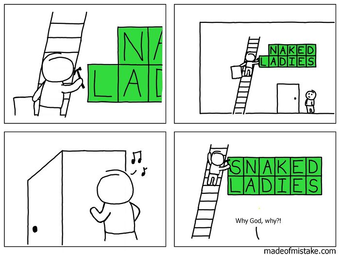 Minimalistic comic about everyday observation, character rearranges block letters humorously.