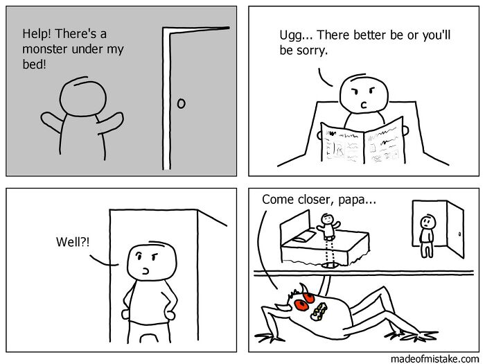 Minimalistic comic about a child's fear of a monster under the bed.