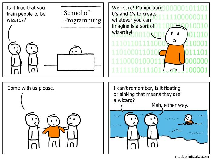 Minimalistic comic about programming school wizards and everyday observations, featuring binary code and humorous dialogue.