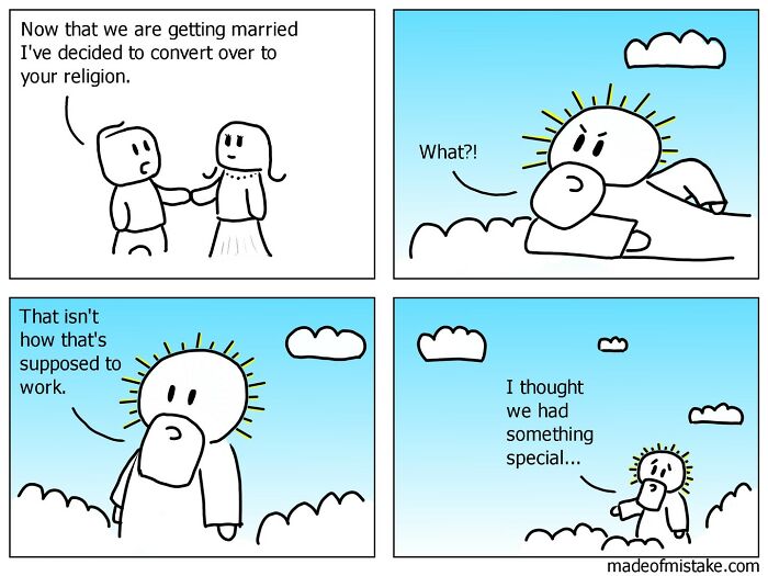 Minimalistic comic of a couple discussing marriage and conversion, with a surprised sun character watching from a cloud.