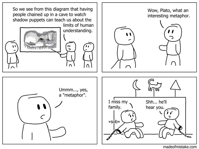 Minimalistic comic illustrating Plato's cave metaphor by Made of Mistake, highlighting everyday observations.