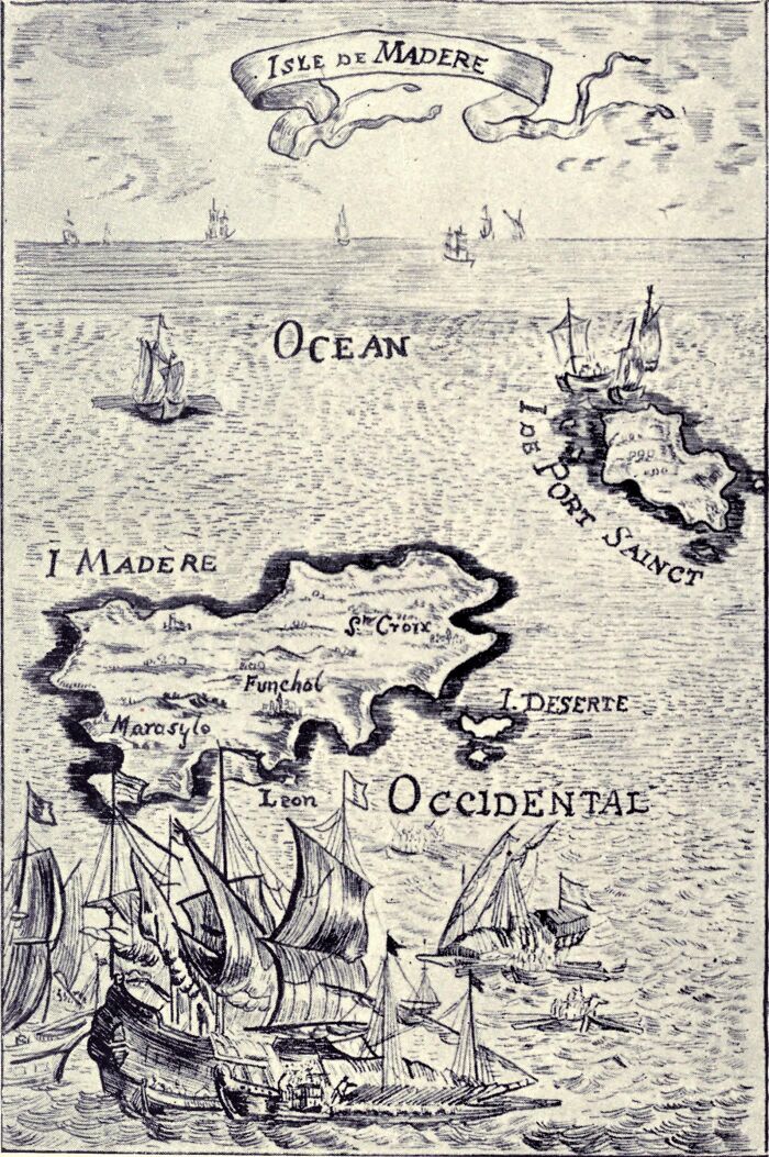 Old navigation map of Madeira, featuring detailed islands and sailing ships in the ocean.