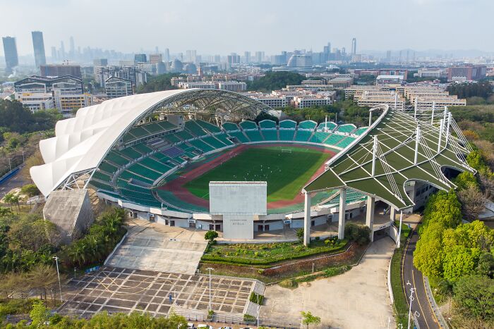 Aerial view of a large soccer stadium, one of the iconic cathedrals of soccer where legends are born.