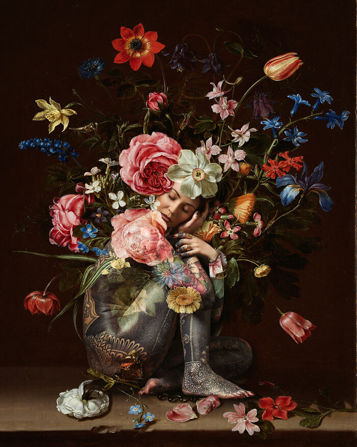 Tattooed person intertwined with vibrant flowers, showcasing stunning photography from the 2024 IPA.