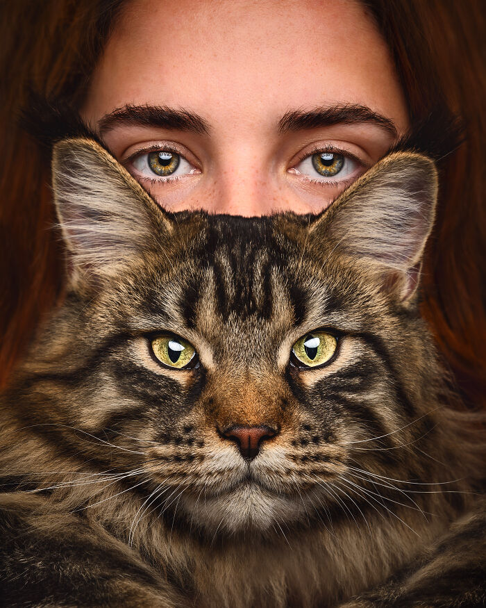 A woman's eyes aligned with a tabby cat's eyes, both staring directly, capturing stunning symmetry.