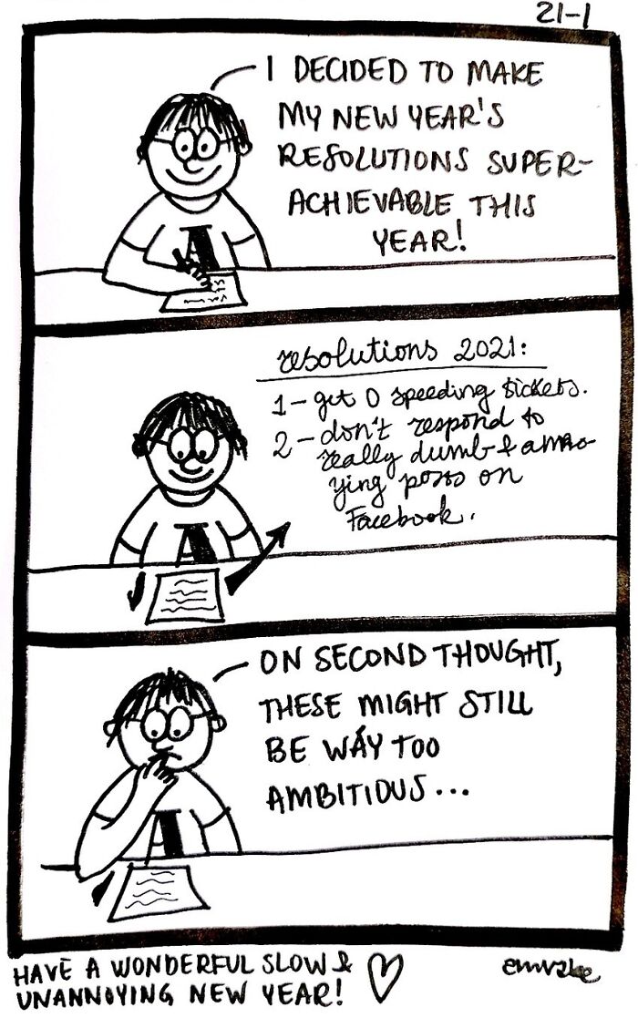 Comic strip by Amanda Van Beek about humorous New Year resolutions being too ambitious.