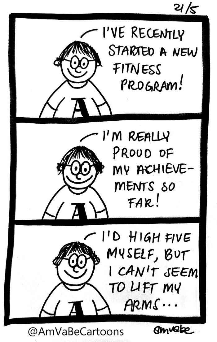 Comic by Amanda Van Beek humorously depicts new fitness challenges with character unable to lift arms for a high five.