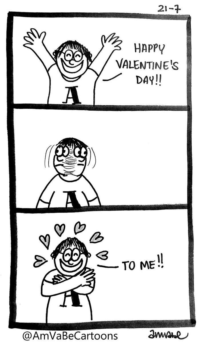 Comic by Amanda Van Beek: person celebrates Valentine's Day with love for self, arms crossed, smiling with hearts.