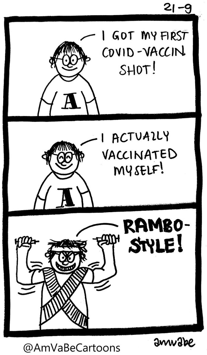 Comic strip by Amanda Van Beek depicting a character humorously announcing their COVID-19 vaccination in a dramatic style.
