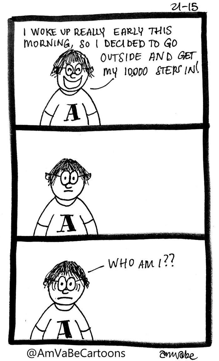 Comic strip by Amanda Van Beek featuring a character humorously questioning their identity after an early morning walk.