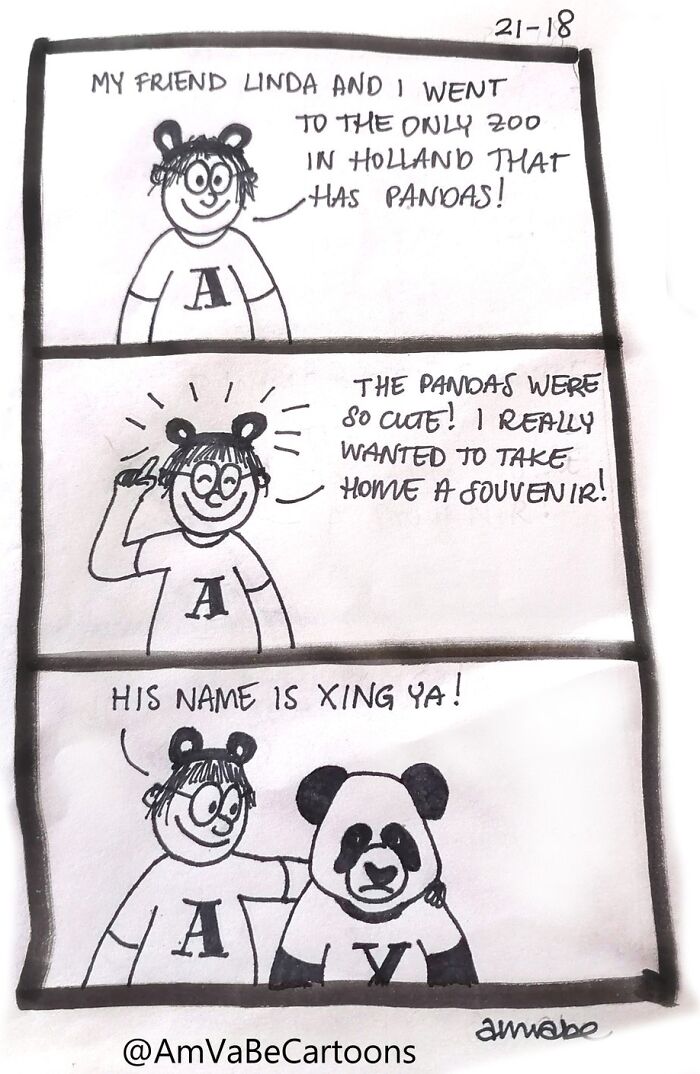 Comic by Amanda Van Beek featuring a playful visit to a panda zoo, with a character wanting a panda souvenir named Xing Ya.