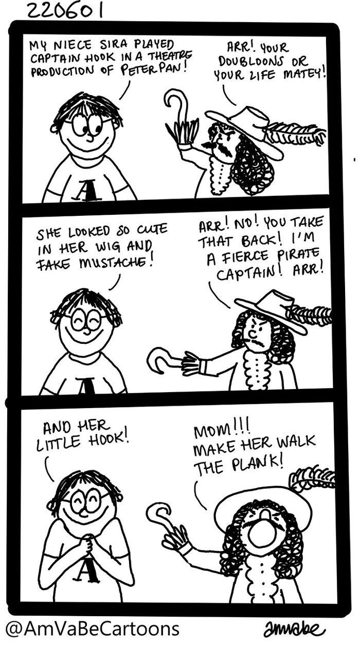 Comic by Amanda Van Beek showing a child as Captain Hook in a theater play, humorously defending her pirate role.
