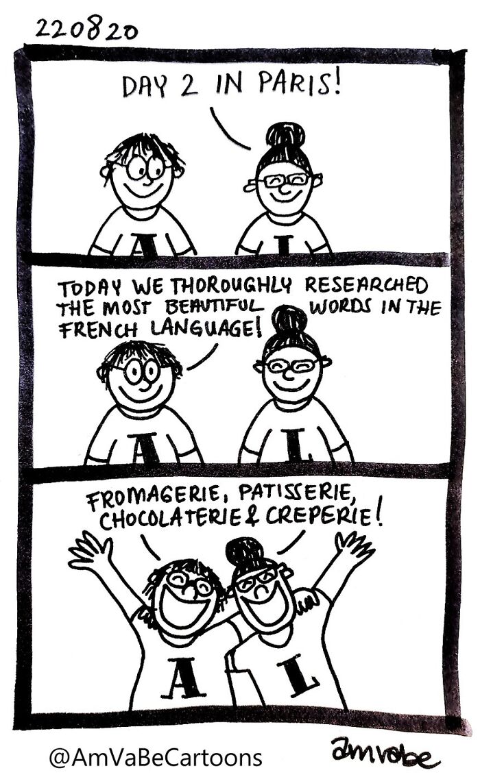Two characters in Paris, excitedly listing French words like fromagerie and patisserie. Amanda Van Beek comic.