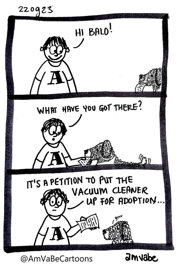 Comic by Amanda Van Beek showing a person joking about a petition to adopt a vacuum cleaner.