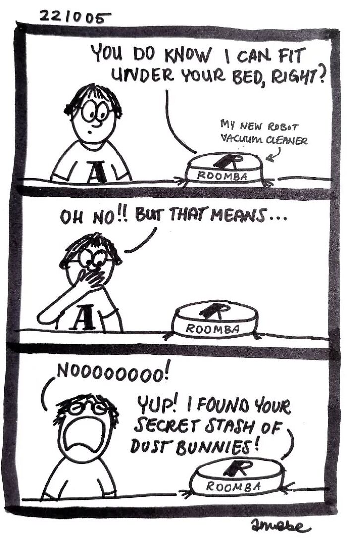 Comic by Amanda Van Beek showing a robot vacuum revealing hidden dust bunnies under the bed.
