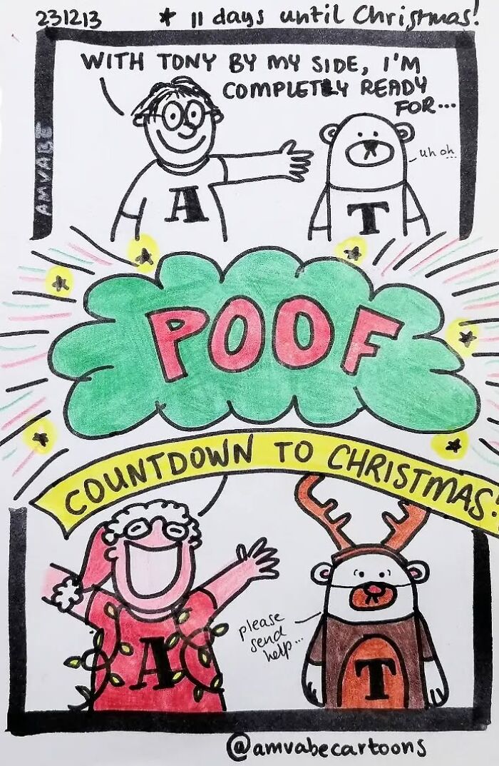 Comic by Amanda Van Beek showing a humorous Christmas countdown transformation scene.