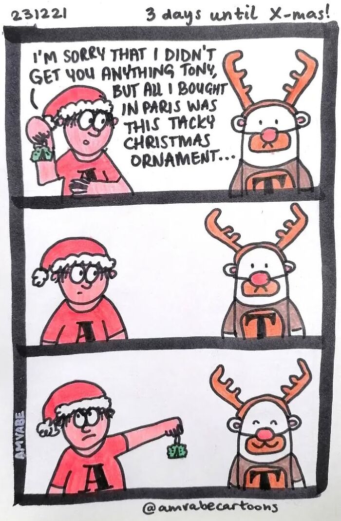 Relatable, funny comic strip by Amanda Van Beek featuring a humorous Christmas gift exchange with a reindeer.
