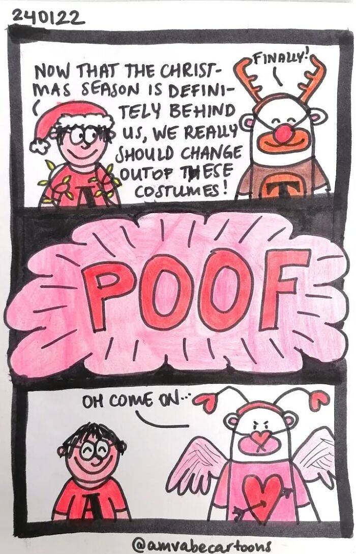 Relatable comic by Amanda Van Beek about changing holiday costumes after Christmas, featuring humorous transformation.