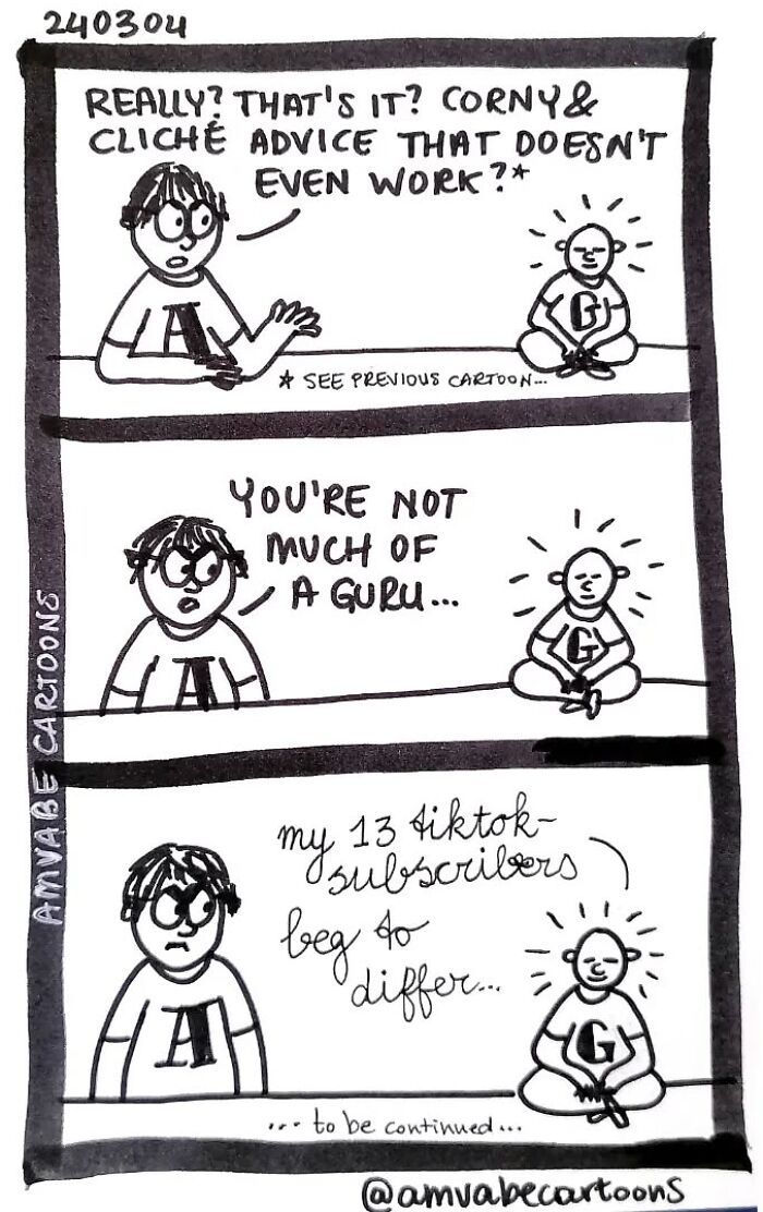 Comic by Amanda Van Beek showing a humorous exchange about online follower credibility.