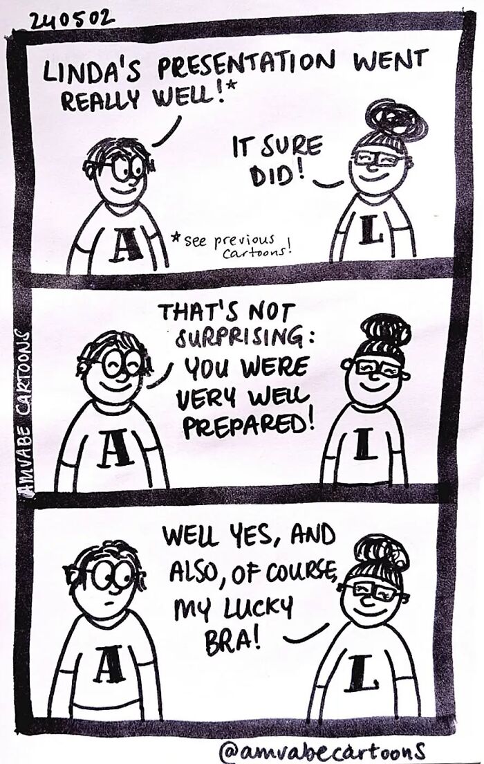 Comic by Amanda Van Beek with characters discussing a successful presentation and a lucky charm.