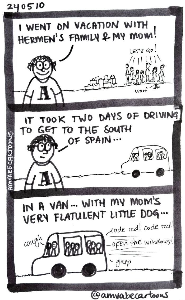 Comic by Amanda Van Beek featuring a comical road trip with a flatulent dog in a van.