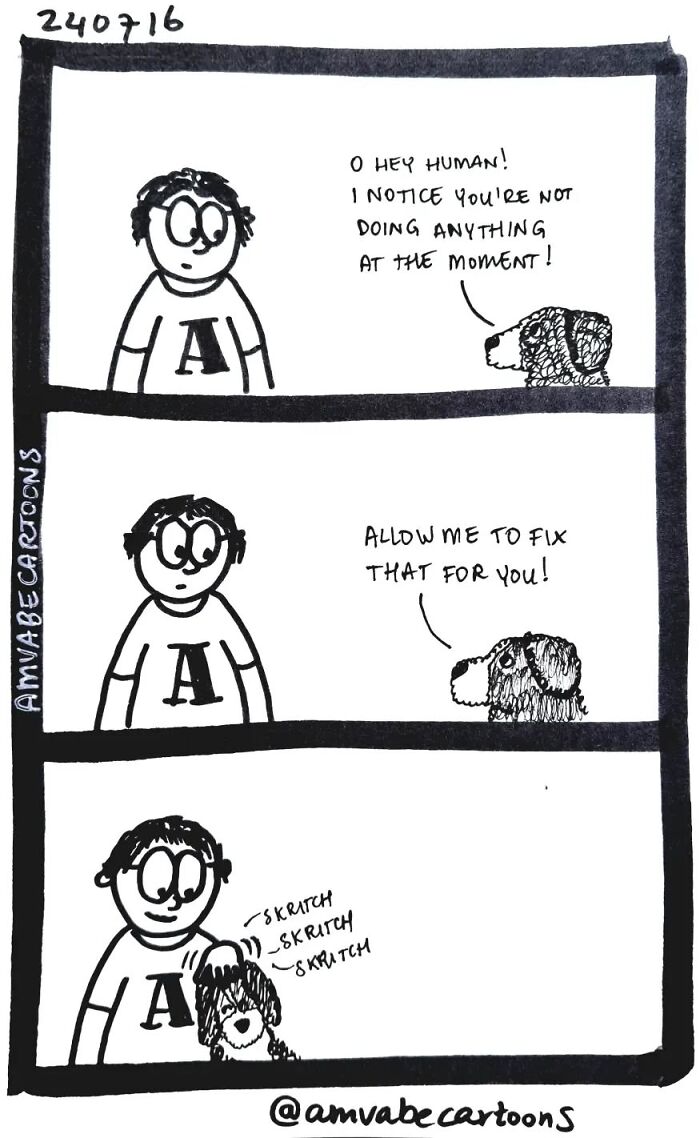 Black-and-white comic by Amanda Van Beek with a person and a talking dog, humorously engaging in a petting session.