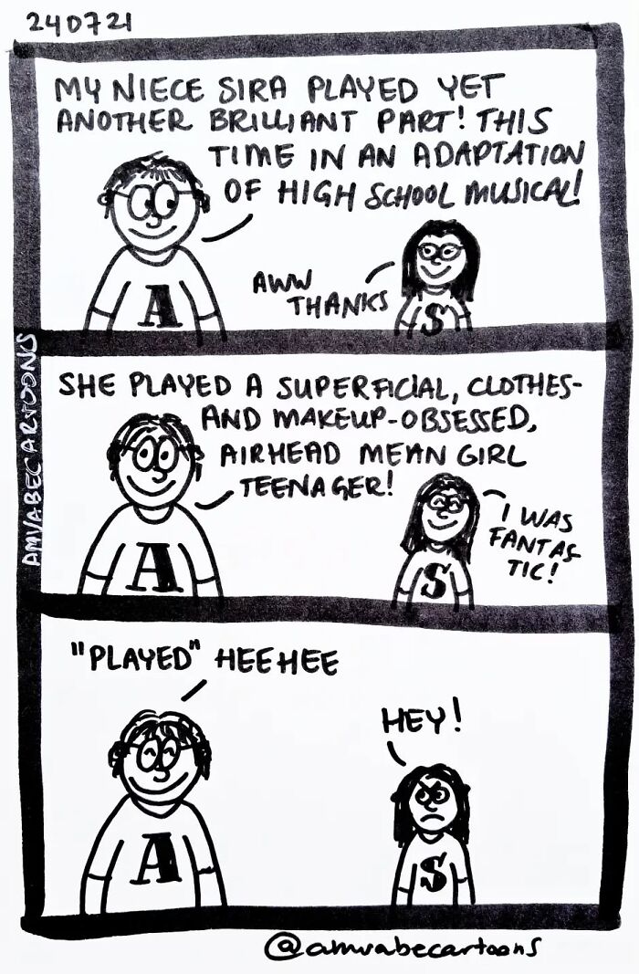 Comic by Amanda Van Beek featuring a conversation about a high school role, with humorous and relatable moments.