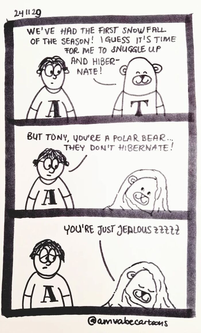 Comic by Amanda Van Beek: Person and bear discuss hibernation with playful humor in three panels.