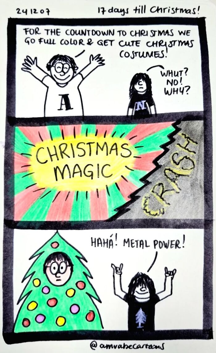 Comic by Amanda Van Beek: A countdown to Christmas with contrasting festive and metal costume humor.