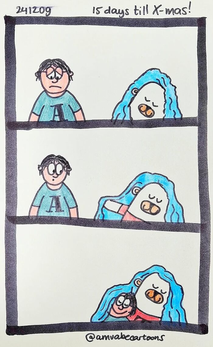 Comic by Amanda Van Beek showing a humorous Christmas countdown with two characters, one with blue hair.