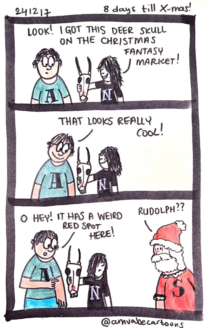 Two people inspect a deer skull with a red spot, leading to a humorous encounter with Santa. Comic by Amanda Van Beek.