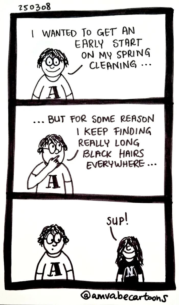 Cartoon by Amanda Van Beek: person finds long black hairs during spring cleaning.