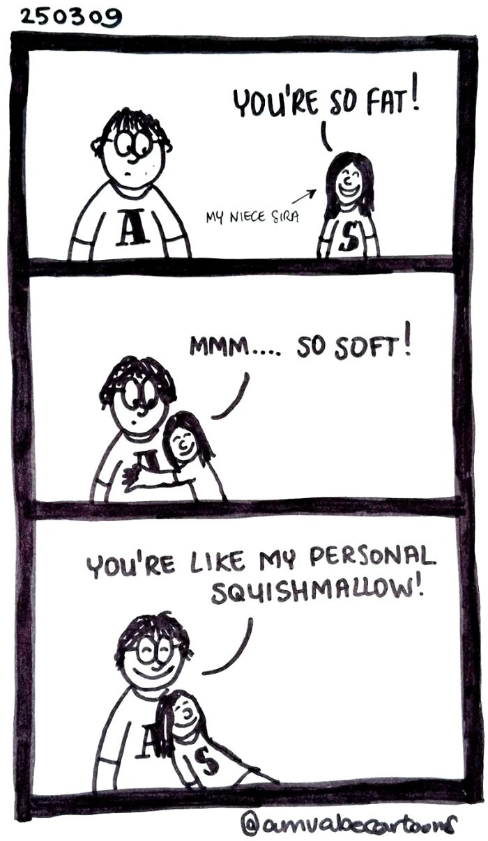Comic by Amanda Van Beek about a girl hugging her uncle, calling him her "personal squishmallow," with a humorous tone.