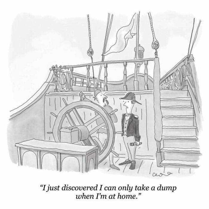 Comic of sailors on a ship discussing bathroom habits humorously; artist captures everyday moments in a hilarious way.