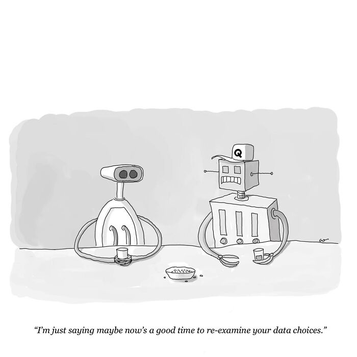 Two robots humorously discuss data choices over coffee, illustrating everyday moments in a comic.
