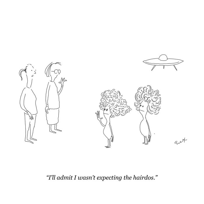 Comical drawing of aliens with curly hair meeting humans, UFO in background.