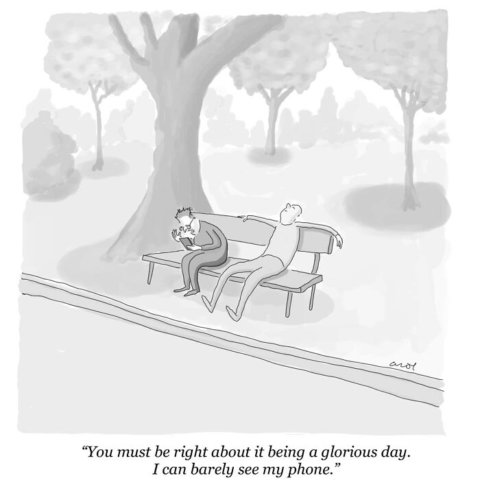 A humorous comic of two people on a park bench, highlighting funny everyday moments.