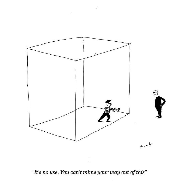 Comic of a mime trapped in an invisible box, with a man watching outside.