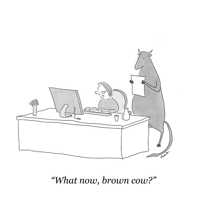 A cow reading over a person's shoulder at a desk in a hilarious comic about everyday moments.