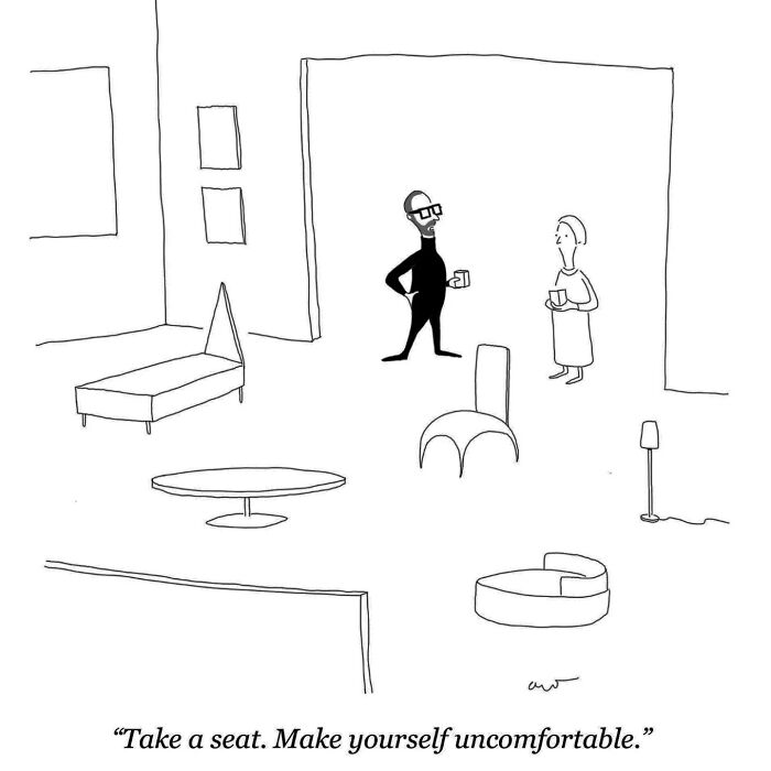 Cartoon showing a humorous home scene with two people, coffee, and awkward furniture placement.