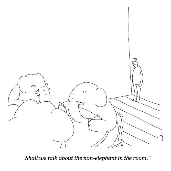 Comic showing elephants ignoring a man in the room.