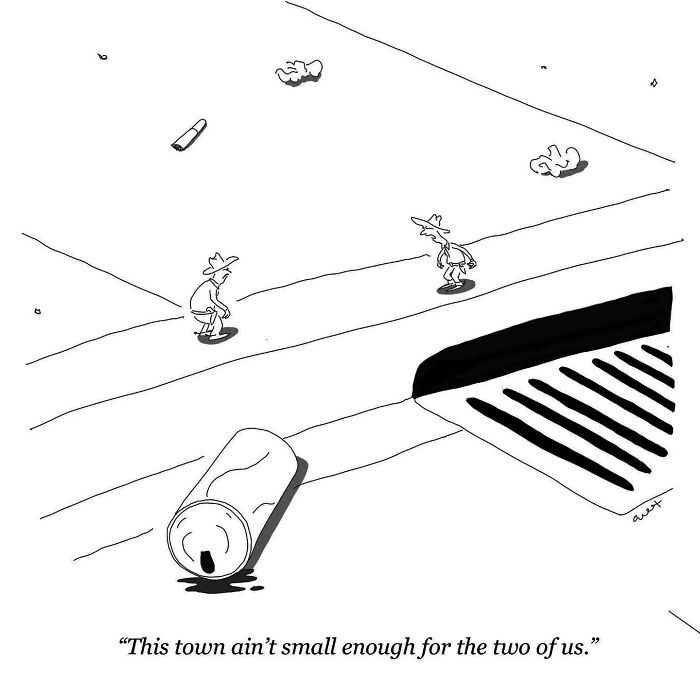 Cartoon of two cowboys in a street gutter, depicting a humorous everyday moment, with a can and drain nearby.
