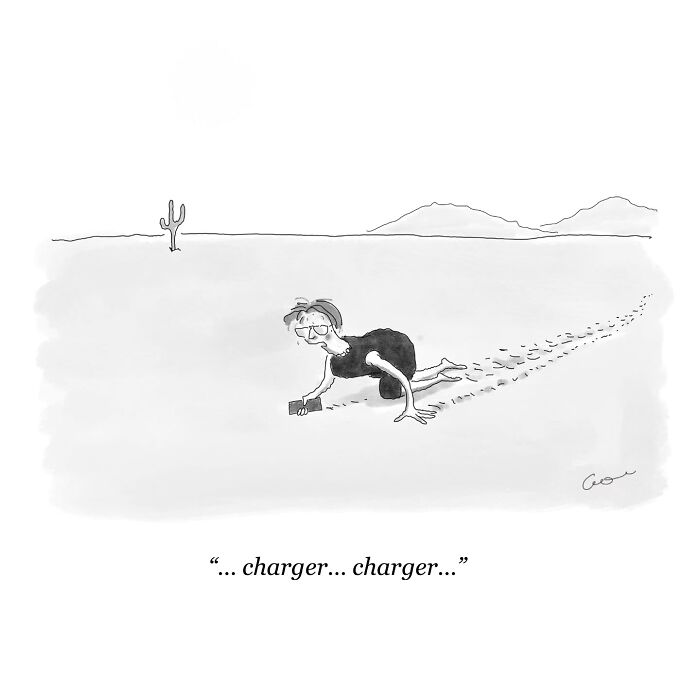 A woman crawling in the desert, holding a phone and saying "charger," in a humorous comic scene.